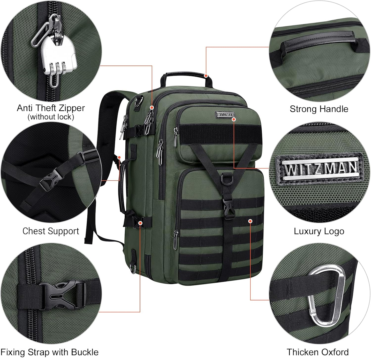 WITZMAN Men's Large 45L Convertible Travel Backpack with 17 Inch Laptop Compartment and Toiletry Bag, Green, 12.6 x 20.5 x 10.63 inches - Image 4