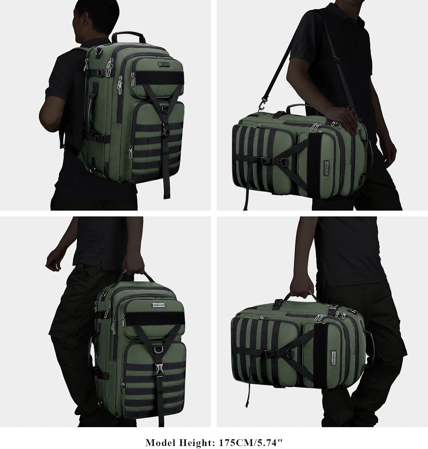 WITZMAN Men's Large 45L Convertible Travel Backpack with 17 Inch Laptop Compartment and Toiletry Bag, Green, 12.6 x 20.5 x 10.63 inches - Image 2